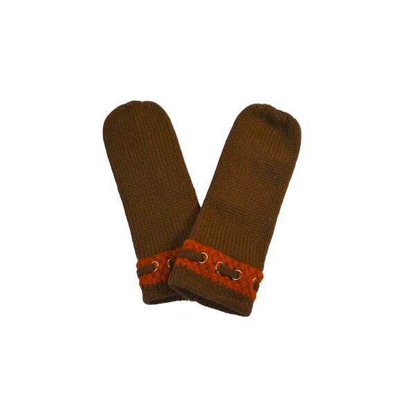 1980s Brown & Orange Acrylic Knit Silver GrommetsWomen's Mittens Made in Japan - Picture 5 of 5